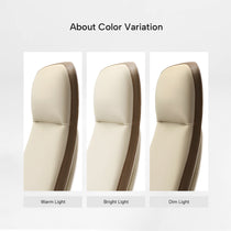 Eureka Ergonomic Alto ergonomic office chair, cream silicone leather headrest and back showing color variation in different lighting.