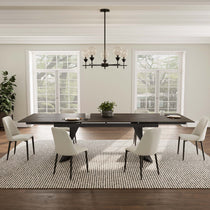 Charlotte Extendable Dining Table With Sintered Stone Top, Six Ivory Chairs, Modern Dining Room Design.