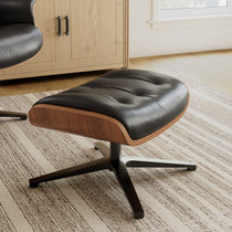 Matteo Ottoman in Black Leather and Wood, Part of the Luxury Lounge Chair Set, Comfort and Style.