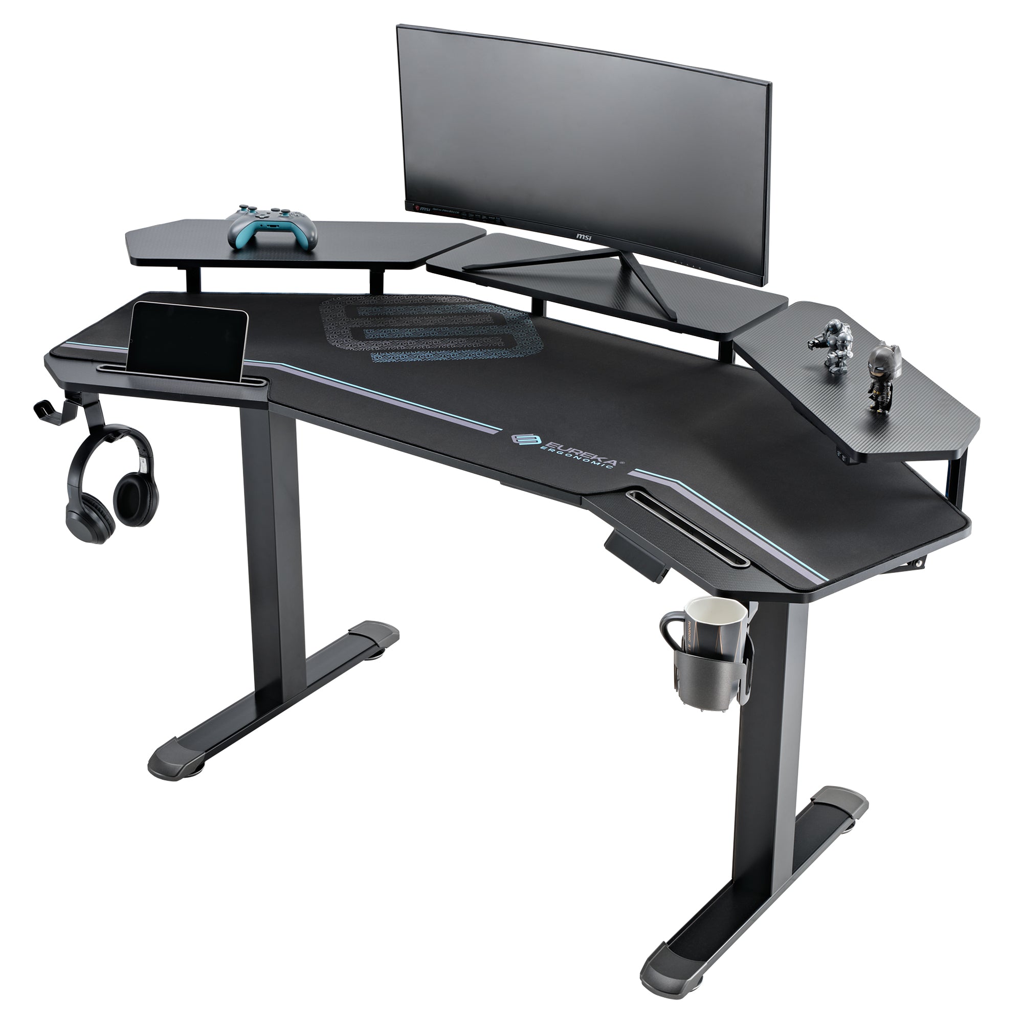 Eureka 63'' Wing Shaped Electric Standing Desk with monitor shelves