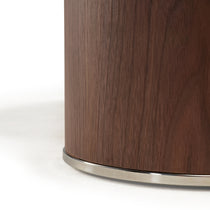 41 Walnut Coffee Table Detail Showcasing Wood Grain and Stainless Steel Base Trim.