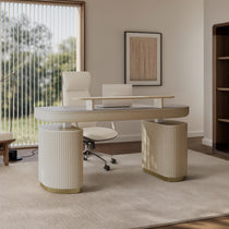 Opal Oval Executive Standing Desk in Light Beige. Ergonomic Office Furniture With Brass Base.