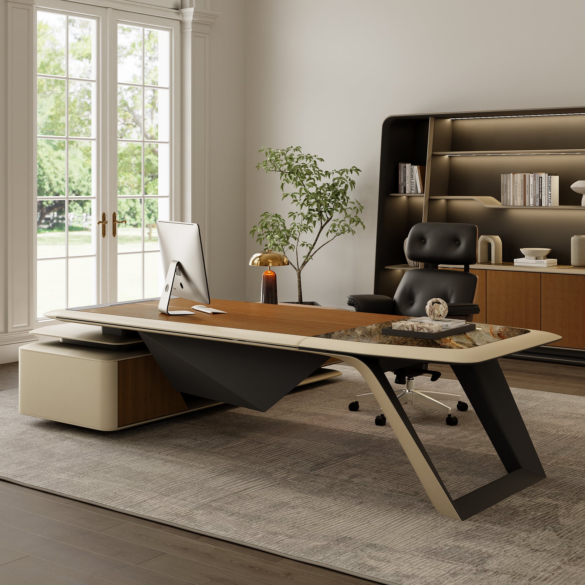 Zen Lunar Executive Desk & Bookcase - Eureka Ergonomic
