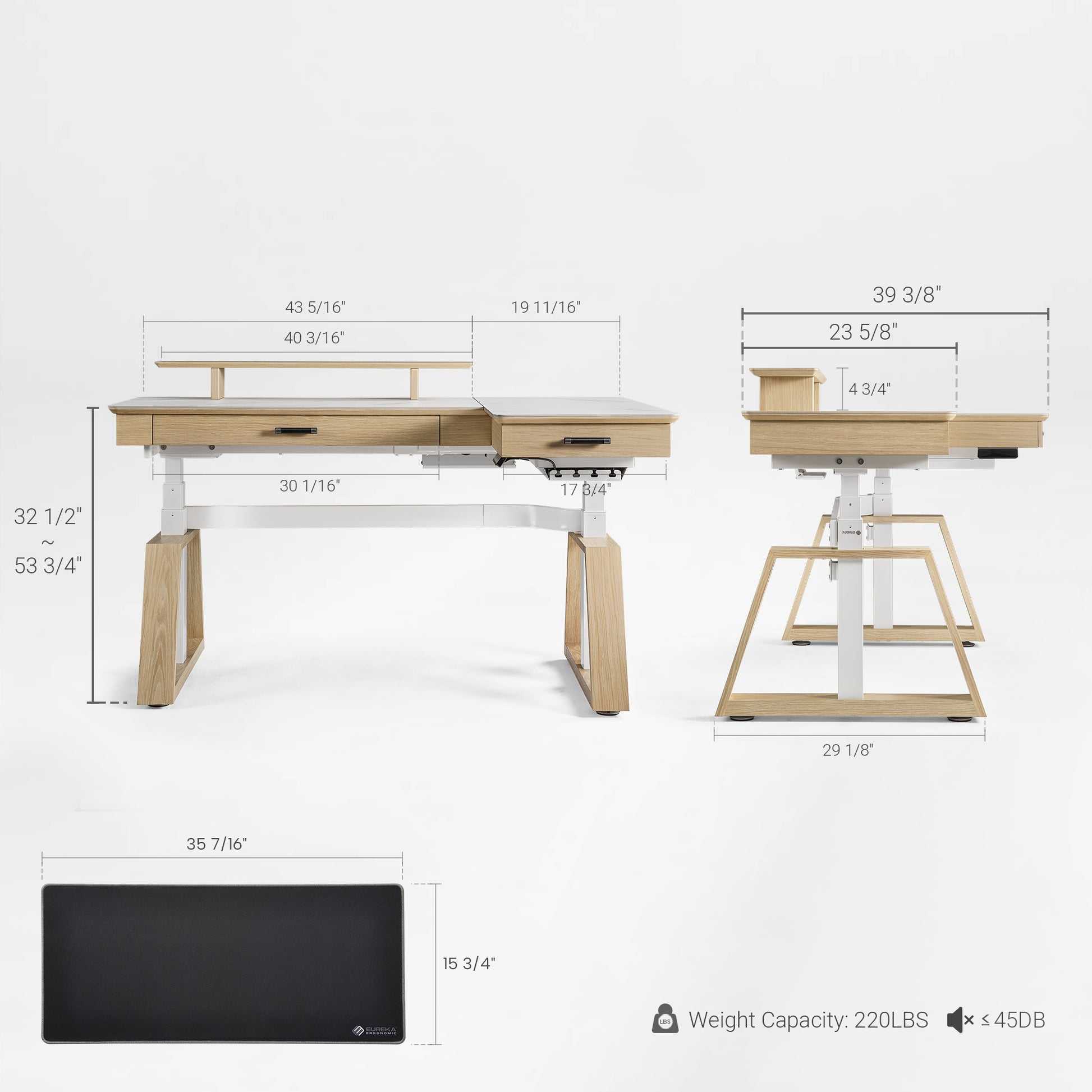 Ark Pro L-Shaped Standing Desk Dimensions, Black Sintered Stone, Height Adjustable, Featuring Dimensions and Max Weight Load.