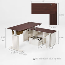Ark Es Executive Standing Desk: Mahogany Veneer Top, White Cabinet. Modern Ergonomic Desk With Dimensions and Storage.