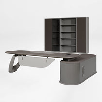 Eureka Ergonomic Zen Orion executive desk with curved legs and matching bookcase. Dark gray textured finish, wood paneling.