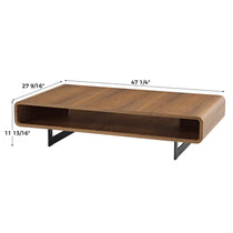 Eureka Ergonomic 47 Walnut Coffee Table With Rounded Rectangular Shape, Walnut Top, and Black Legs; Dimensions Shown.