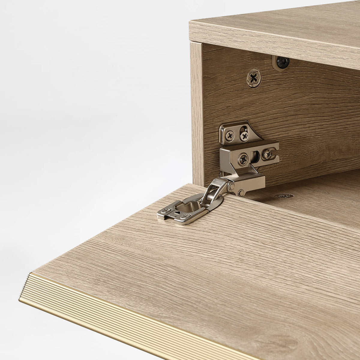 Eureka Ergonomic Ark 78 inch oak bookshelf with close-up of the drop-down cabinet hinge