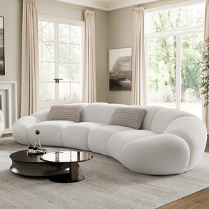 Adele Modern Curved Sofa in White, Plush Fabric, Stylish Design for Living Room, Neutral Decor.