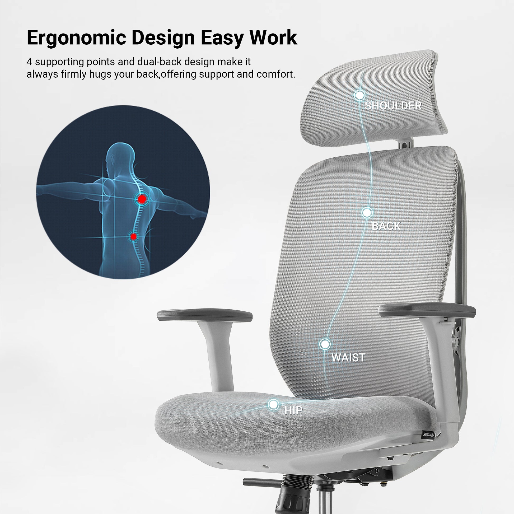 Eureka Ergonomic office chair with 4-point ergonomic support design for shoulder back waist and hip comfort