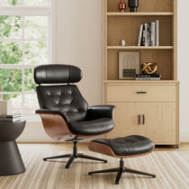 Matteo Lounge Chair and Ottoman Set in Black Leather and Wood, Luxury Living Room Furniture.
