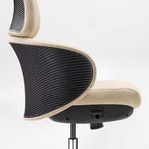 Eureka Ergonomic Royal Rowan ergonomic beige microfiber leather executive office chair. Perforated seat/headrest, ribbed black back. Profile view.