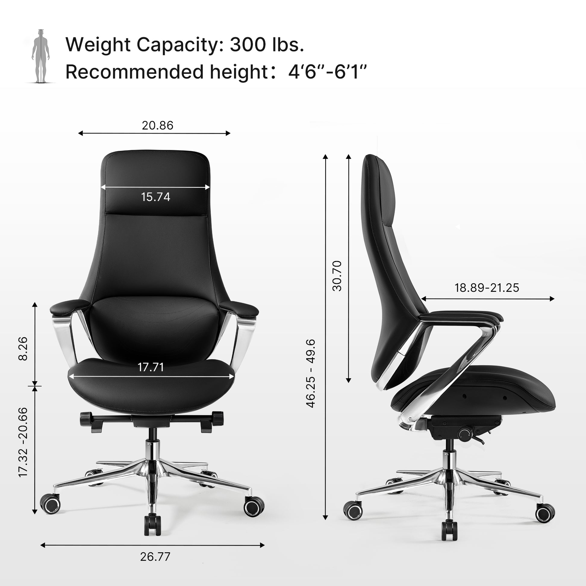 Serene Nox, Genuine Leather Executive Office Chair Product Dimensions