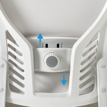 Eureka Ergonomic Vera ergonomic office chair adjustment knob with FRONT/BACK labels on white frame, demonstrating mechanism.