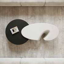 Modern Coffee Table Set With Black Round Table and White Sculptural Side Table, Stylish Contemporary Living Room Furniture.