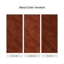 Eureka Ergonomic Ark Lite standing desk woodgrain color variation samples under warm, bright, and dim lighting conditions.