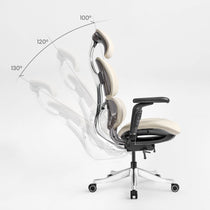 Eureka Ergonomic Light beige Forma ergonomic chair in recline positions 100°, 120°, 130° with aluminum frame and black armrests.