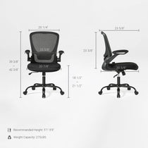Onyx Ergonomic Office Chair Dimensions, Black Mesh, Adjustable Armrests, and Weight Capacity.