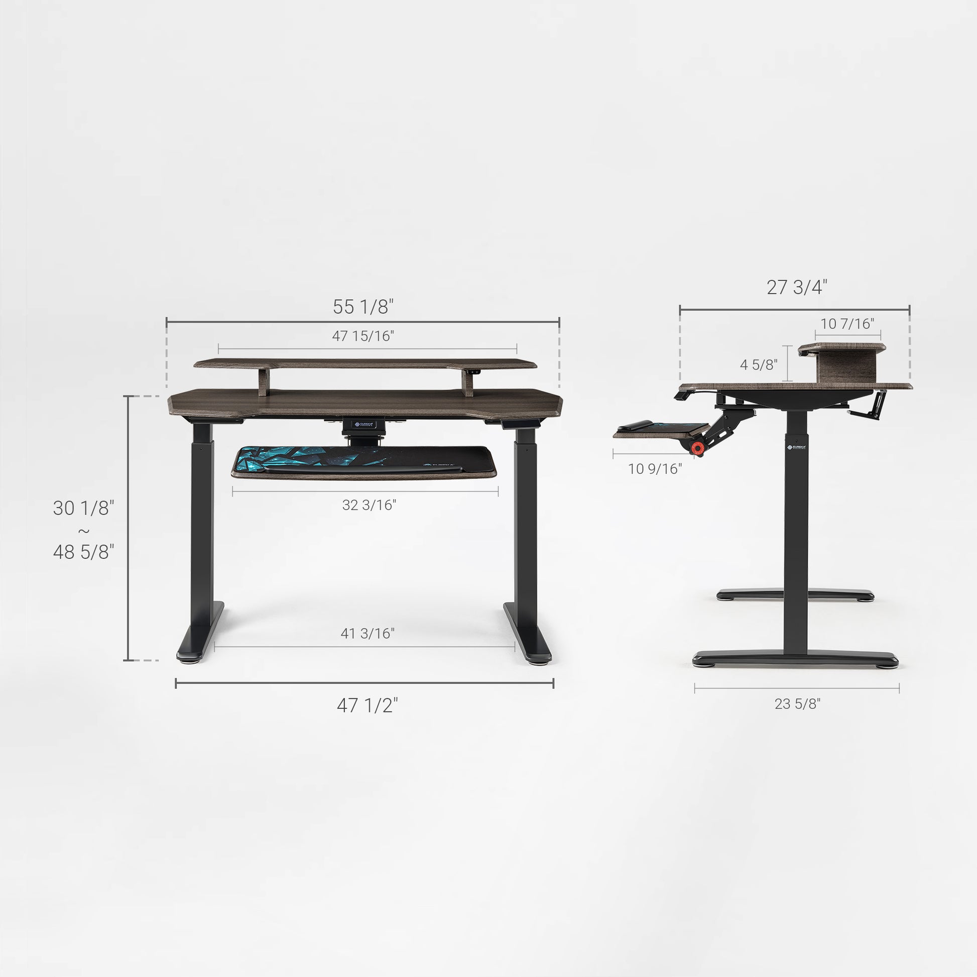 55" Wing-Shaped Standing Desk: Elevate your home office productivity with a contoured workspace and integrated monitor riser.