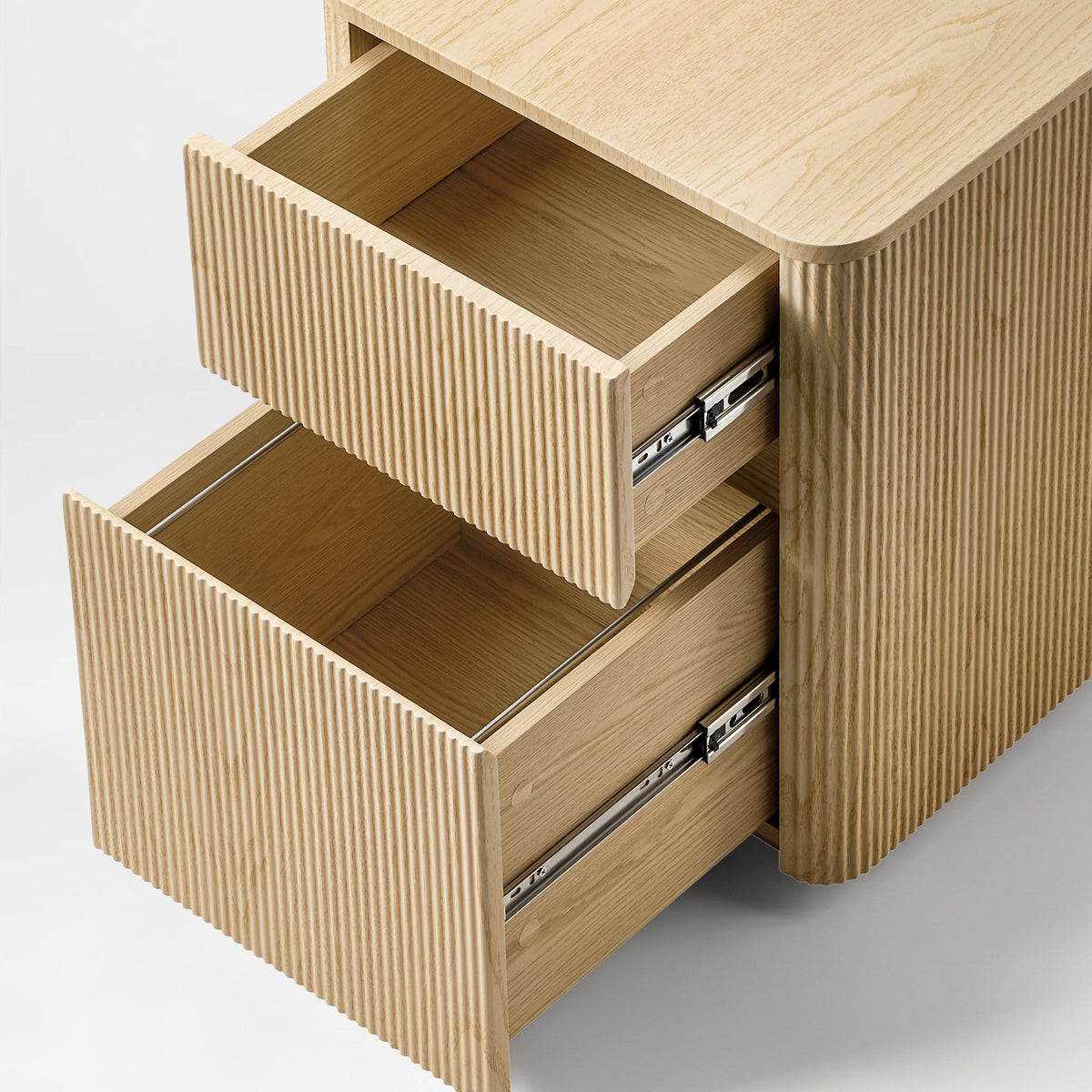 Eureka Ergonomic Aurelia Fluted File Cabinet, 2 Drawer File Cabinet Interior and Metal Slide Detail