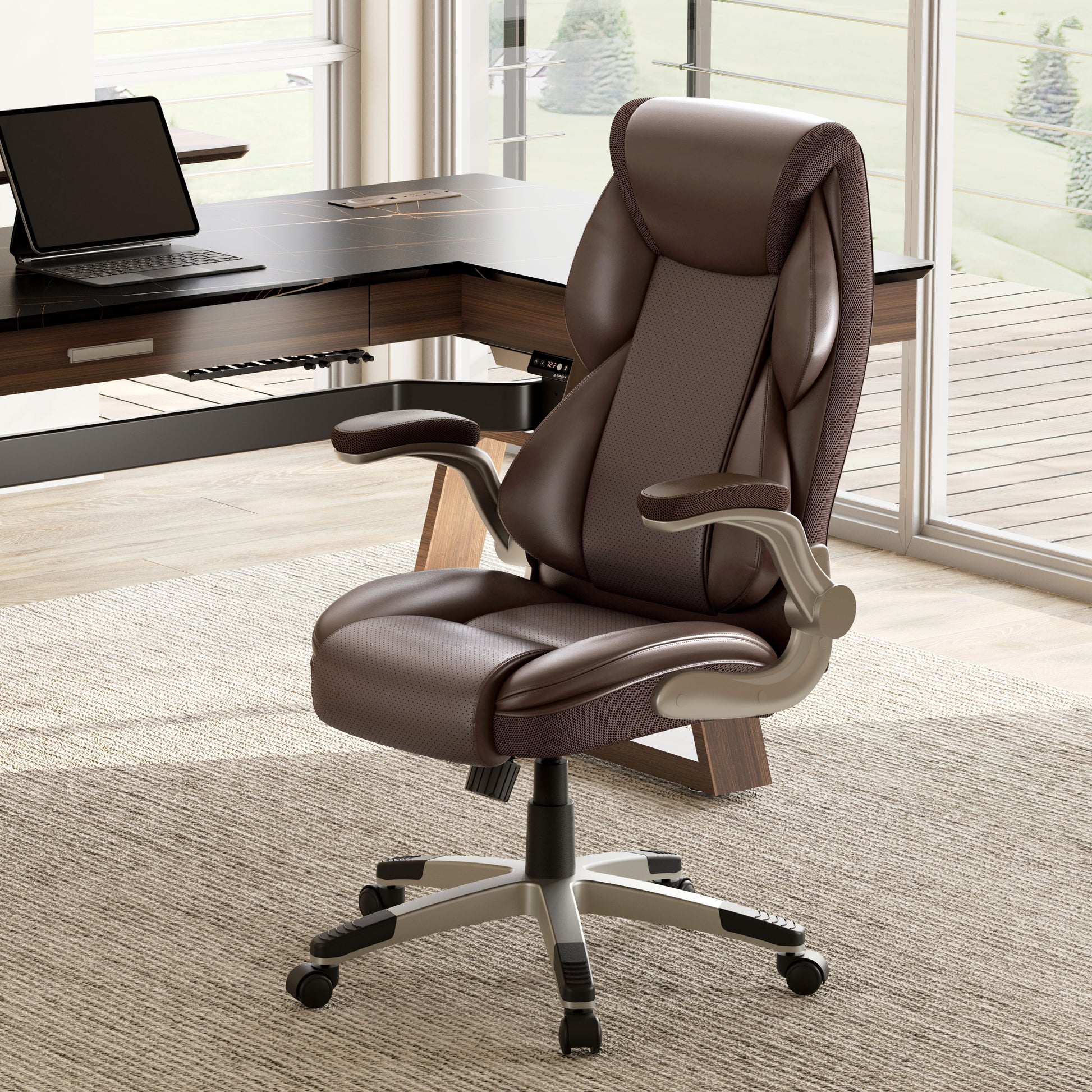 Galene Brown Faux Leather Office Chair With Ergonomic Design, Breathable Mesh, and Workspace Comfort.
