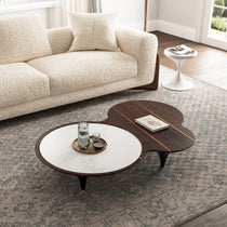 55 Modern Irregular Walnut Coffee Table With White Marble Top, a Stylish Living Room Centerpiece.