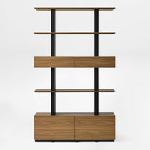 Eureka Ergonomic Ark 78 inch walnut bookshelf with drawers and display shelves, front view