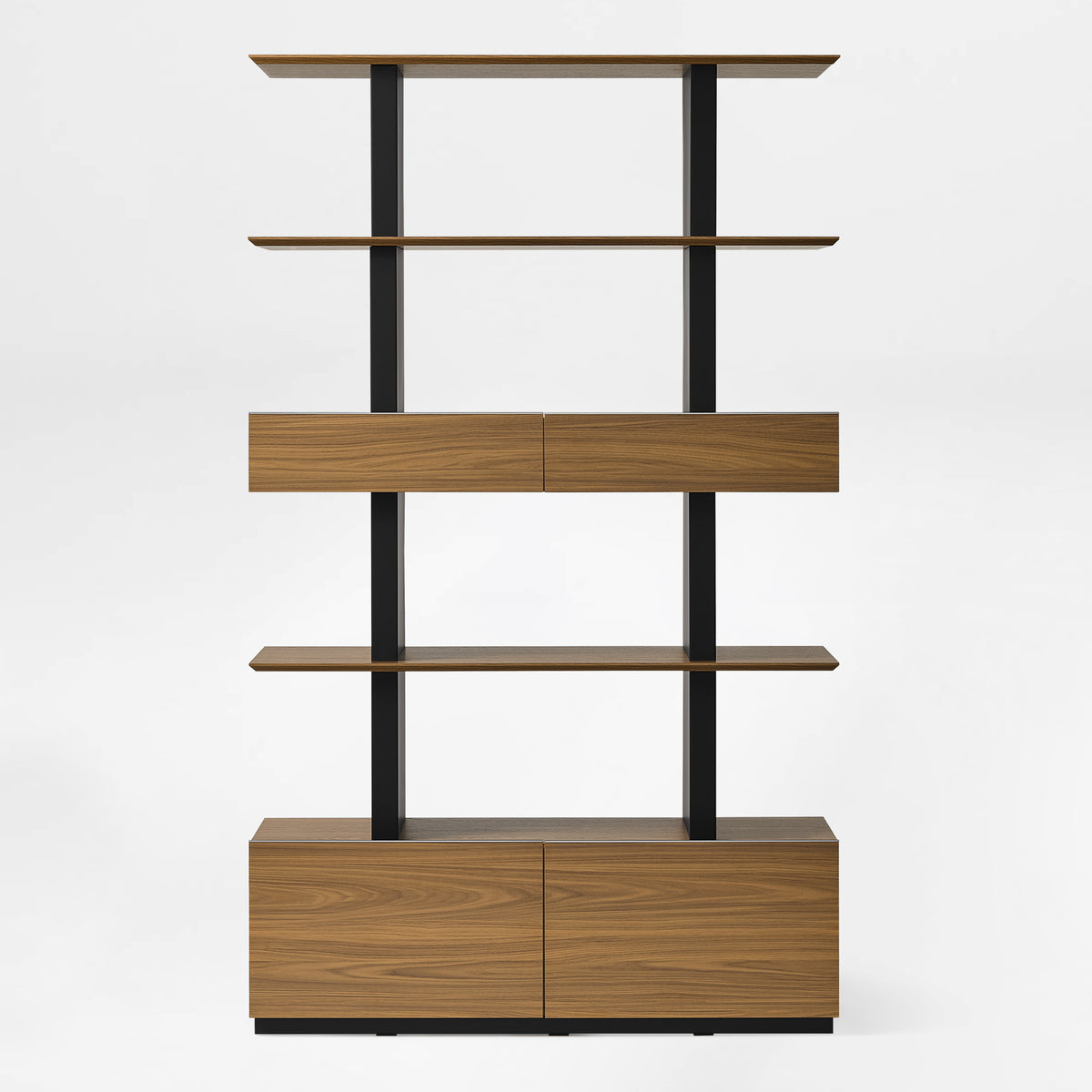 Eureka Ergonomic Ark 78 inch walnut bookshelf with drawers and display shelves, front view