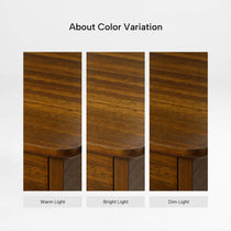 Eureka Ergonomic Ark Pro L-Shaped Standing Desk walnut finish color variations under warm, bright, and dim light.