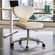 Eureka Ergonomic Off-white faux leather office chair with light wood shell, chrome base with casters, in modern office setting.