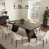 Charlotte Extendable Dining Table With Sintered Stone Top and Black Legs, Ivory Chairs, Modern Dining Room.