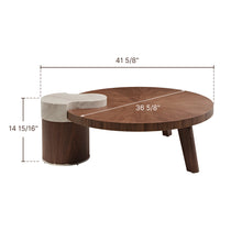 41 Round Walnut Coffee Table With Marble Accent, Dimensions: 41 5/8, 36 5/8, and 14 15/16.