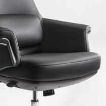 Eureka Ergonomic Royal Renee executive chair seat and armrest detail in black microfiber leather with visible stitching and base controls.