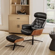 Matteo Lounge Chair and Ottoman, Black Leather With Wood Accents. Luxury Living Room Furniture Set for Comfort and Style.