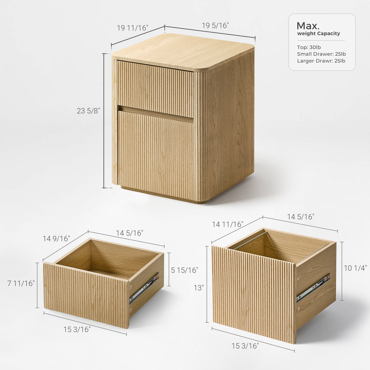Eureka Ergonomic Aurelia Fluted File Cabinet dimensions showing overall width, depth, and height