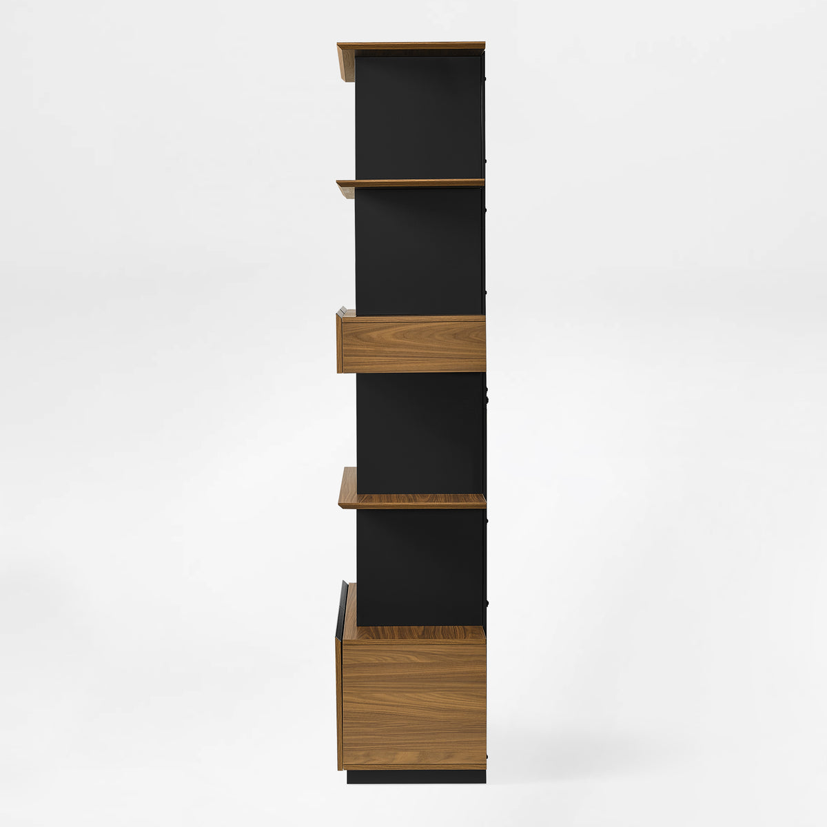 Eureka Ergonomic Ark 78 inch walnut bookshelf with drawers and display shelves, side view
