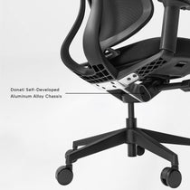 Eureka Ergonomic Lira ergonomic office chair: close-up of aluminum alloy chassis, tilt mechanism, and casters, highlighting durable construction.