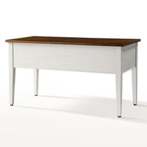 Farmhouse Office Desk With Drawers, Wood Top, and White Base, Modern Workspace.