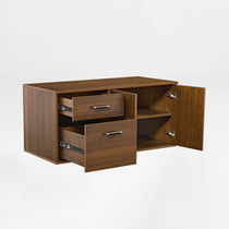 Zen Pro Executive Desk Cabinet. Brown Wood Grain Finish, With Drawers and Shelves for Office Storage.