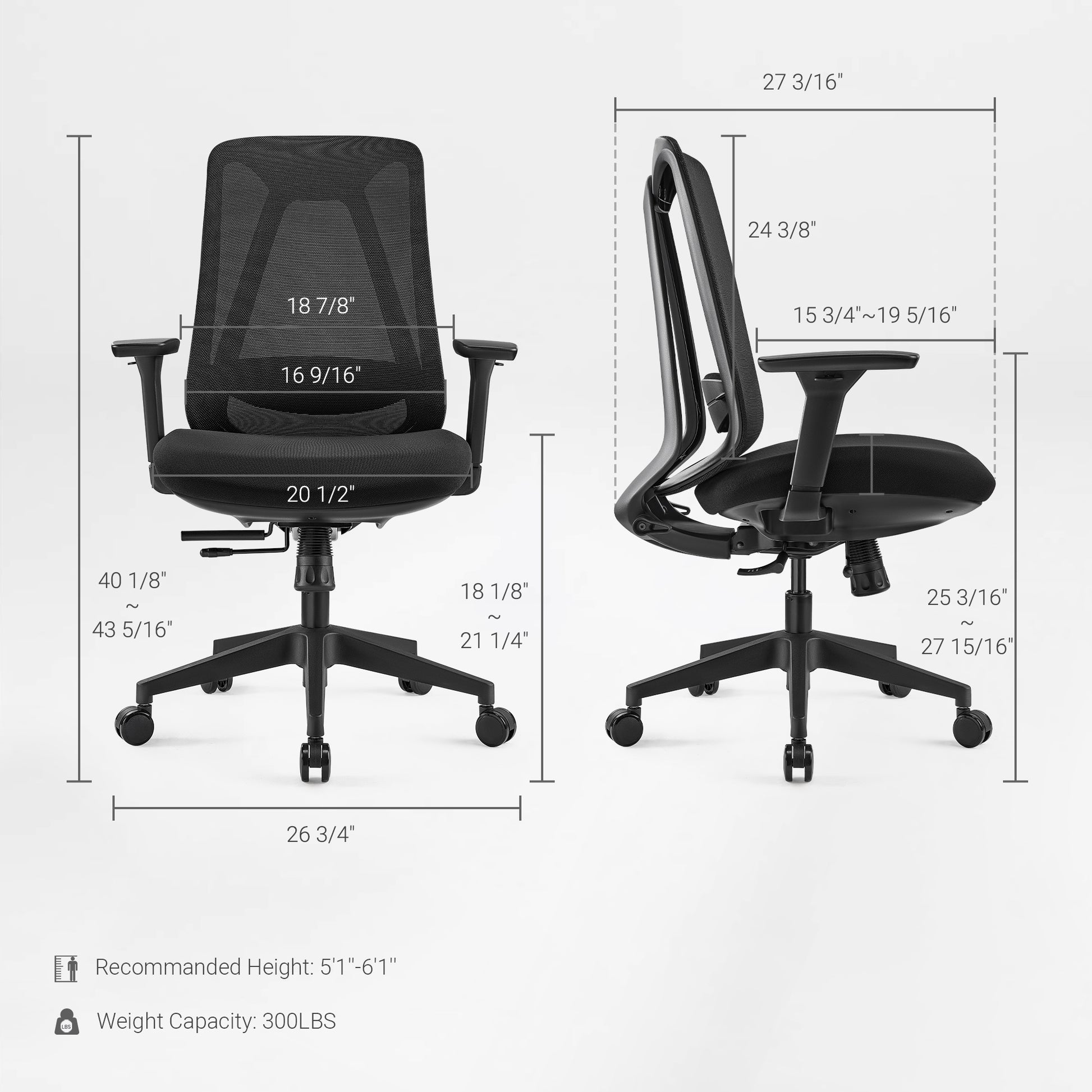 Nico Ergonomic Office Chair With Black Mesh Back, Adjustable Back Curve&Lumbar Support, Ergonomic Design,Dimension