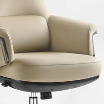 Eureka Ergonomic Light beige Royal Renee executive chair microfiber seat and armrest with detailed stitching and carbon fiber accents.