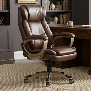 Preston Executive Office Chair in Brown Pu Leather. Ergonomic Design for Comfort and Support in a Home Office Setting.
