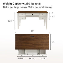 Farmhouse Office Desk With Drawers, Two-Tone Design, Detailed Dimensions and Weight Capacity for a Modern Workspace.