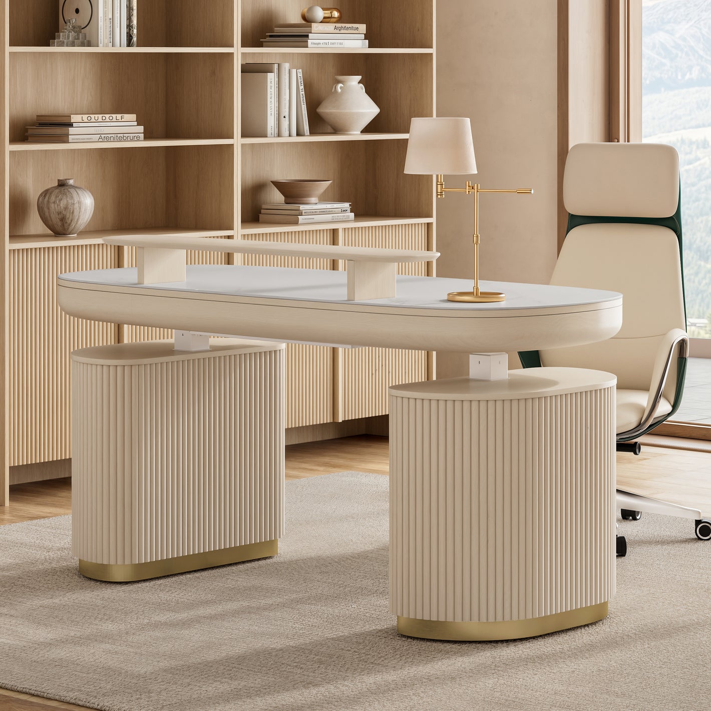 Eureka Ergonomic Opal Oval Executive Standing Desk in Light Beige, Modern Ergonomic Office Furniture.