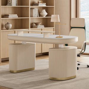 Eureka Ergonomic Opal Oval Executive Standing Desk in Light Beige, Modern Ergonomic Office Furniture.