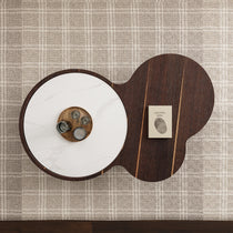 Modern Irregular Walnut Coffee Table With White Marble Top and Walnut Wood, Stylish Living Room Centerpiece.