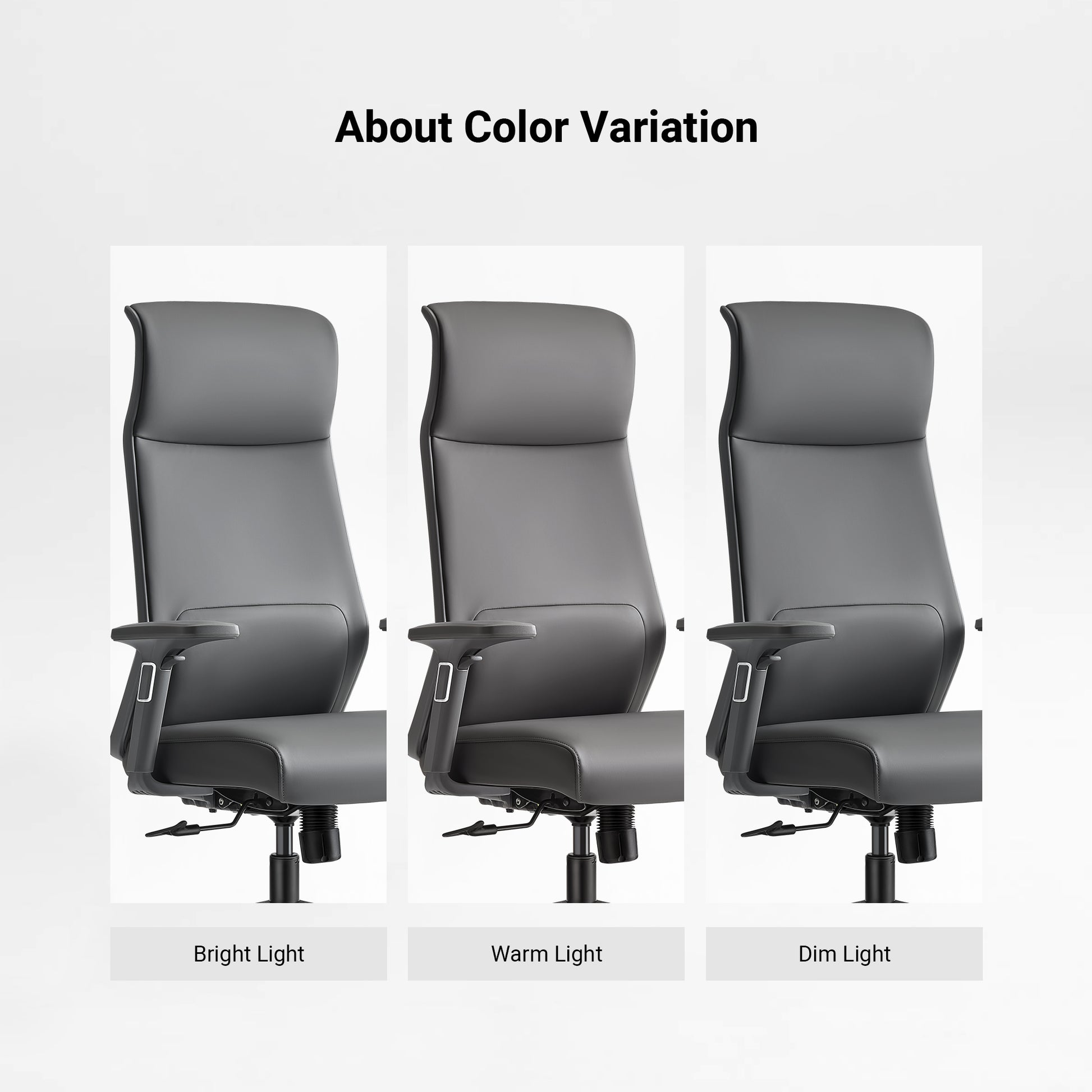 Eureka Ergonomic Valen Microfiber Leather Executive Office Chair showcasing color variation under warm, bright, and dim light.