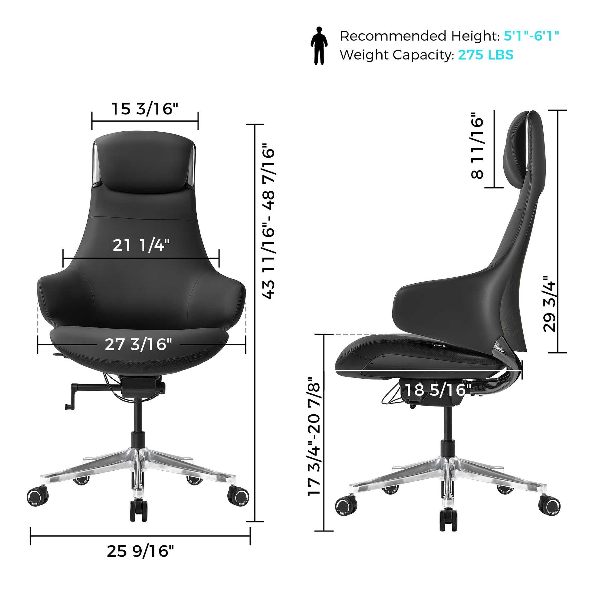 Serene Ella Executive Chair Dimensions Diagram, Balck Napa Leather, Ergonomic Design, Adjustable Height.