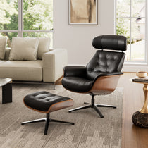 Matteo Lounge Chair and Ottoman Set in Black Leather With Wood Accents, Luxury Living Room Furniture.