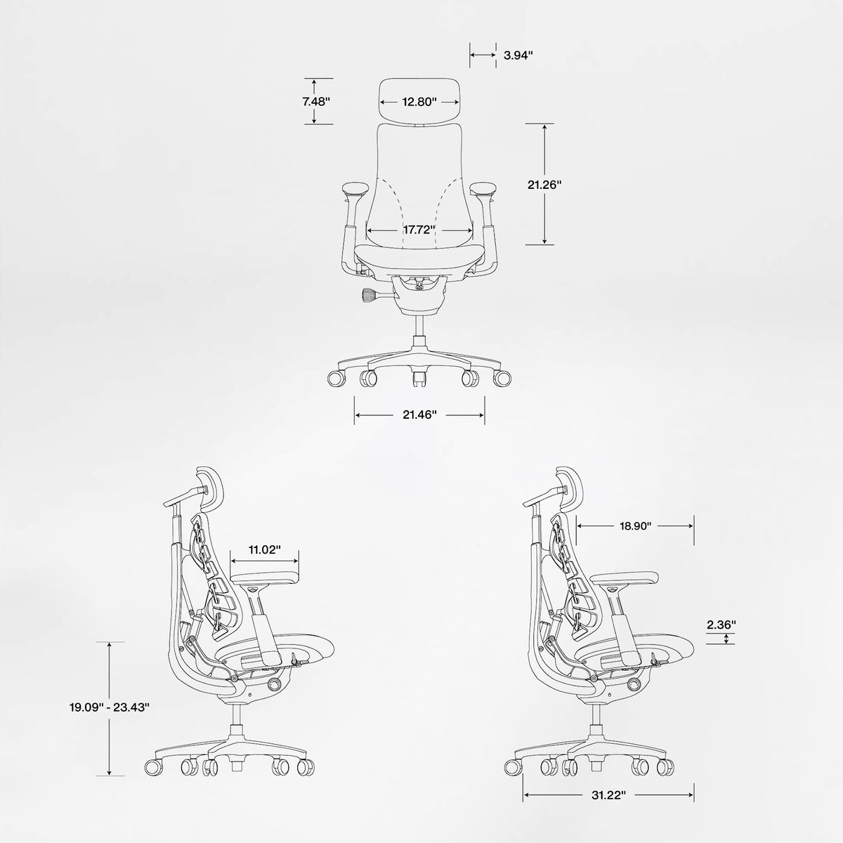 LiberNovo Omni Dynamic Ergonomic Office Chair Glacier White product dimensions and measurements